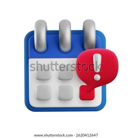 Vector cartoon 3d deadline reminder icon. Realistic render of blue spiral calendar with warning exclamation sign in red speech bubble. Important date notice, meeting schedule notification message.