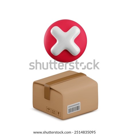 Vector cartoon 3d delivery error symbol, 3d red X cross icon and cardboard box isolated. Wrong checkmark, failed parcel receipt concept, cancel order Illustration for shipping infographic, web, app.