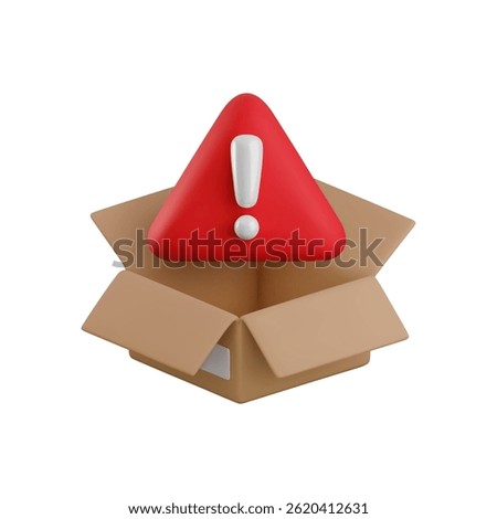 Vector cartoon 3d delivery problem icon. Realistic 3d open cardboard box with exclamation mark red triangle symbol. Missing parcel, cargo troubles, attention signal, order error shipping information.