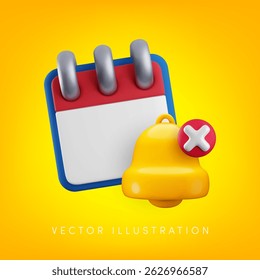 Vector cartoon 3d disabled calendar banner. Realistic render of ring calendar and muted alert bell with x cross sign. Time planner off, schedule concept, deadline reminder app icon.
