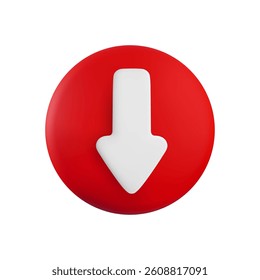 Vector cartoon 3d down arrow button. Cute realistic down direction white arrow sign on red circle. 3d render plastic navigation direction icon for infographic, web, business app, design.