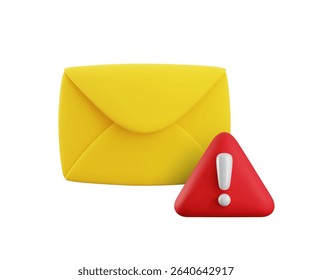 Vector cartoon 3d email error icon. Realistic 3d render of yellow envelope with red triangle exclamation mark. Spam warning mail sign, important information notification, alert mail system concept.