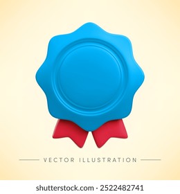 Vector cartoon 3d empty blue medal with red ribbons realistic icon. Trendy round wavy award, winner badge sign. 3d render color metallic quality warranty certificate badge for web, app, design.
