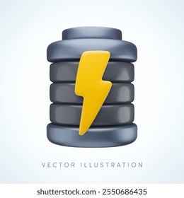 Vector cartoon 3d empty charging battery and lightning icon. Realistic render of low energy level accumulator with flash. Charge indicator, charging status, rechargeable battery for app, game, ui.