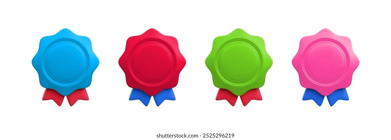Vector cartoon 3d empty color medal with ribbons realistic icon set. Trendy round wavy award, colorful winner badge. 3d render color metallic quality warranty certificate badge for web, app, design.