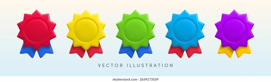 Vector de dibujos animados 3D medalla de color vacío con cintas icono conjunto. Premio de moda redondo sunburst, insignia ganadora colorida. 3D realista render certificado de Garantía de calidad starburst insignia metálica para el Web, App.