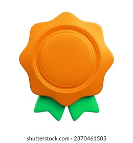 Vector cartoon 3d empty medal realistic icon with green ribbon. Trendy bronze round award, abstract badge warranty sign. 3d render plastic certificate badge illustration