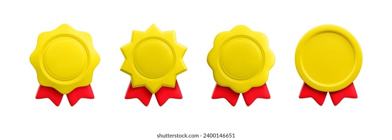Vector cartoon 3d empty medal with red ribbons realistic icons set. Trendy gold round, starburst, wavy award, abstract winner badges sign. 3d render plastic quality warranty certificate illustration.