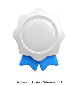 Vector cartoon 3d empty medal with blue ribbons realistic icon. Trendy silver round wavy award, platinum winner badge sign. 3d render chrome metallic quality warranty certificate badge on white.