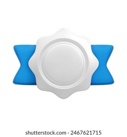 Vector cartoon 3d empty medal with blue ribbons realistic icon. Trendy silver round wavy award, platinum winner badge sign. 3d render chrome metallic quality certificate badge isolated on white.