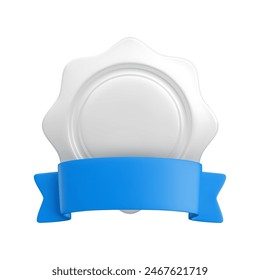 Vector cartoon 3d empty medal with blue ribbon realistic icon. Trendy silver round wavy award, platinum winner badge sign. 3d render chrome metallic quality badge isolated on white.
