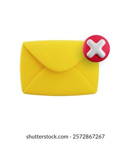 Vector cartoon 3d error message icon. 3d render closed yellow envelope with red x cross sign. Warning email sign, rejection document, stop spam mail, delete virus e-correspondence, wrong address