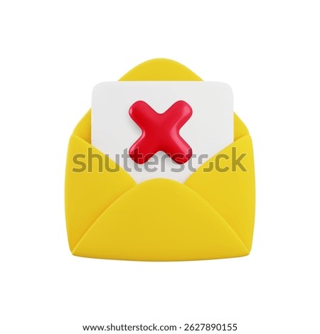 Vector cartoon 3d error message icon. 3d render open envelope with sheet and red x cross sign. Warning email sign, rejection document, spam mail, delete virus e-correspondence, wrong postal address