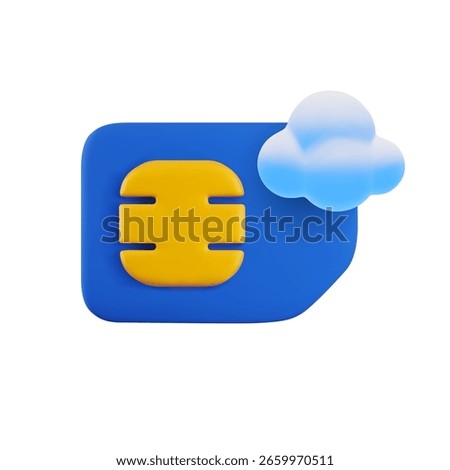Vector cartoon 3d eSim card icon. Minimal realistic 3d render of blue cloud and gsm SIM card with golden circuit chip. Communication technology illustration, gsm network electronic SIM concept.