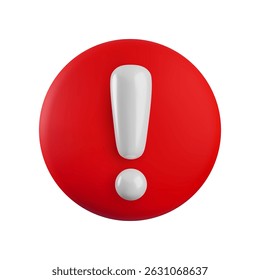 Sinal de ponto de exclamação 3d de desenho animado vetorial. 3d Renderização do sinal de atenção redonda vermelha. Símbolo de aviso de plástico, ícone de notificação de cuidado para infográfico, web, app, design, jogo.