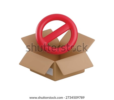 Vector cartoon 3d failed delivery icon. Realistic 3d cardboard opened box with red prohibition sign. Missing order, cargo troubles, restriction parcel, shipping sanctions, import export control symbol