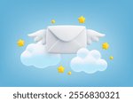 Vector cartoon 3d fast mail concept. Realistic 3d render flying envelope with wings, clouds and stars. New message notification, express email delivery sign. Cute letter for web, email services app.