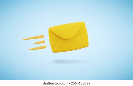 Vector cartoon 3d fast mail concept. Realistic 3d render flying yellow letter with motion lines, new message notification, express email delivery sign. Cute envelope for web, email services app.