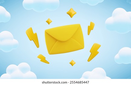 Vector cartoon 3d fast mail concept. Realistic 3d render flying yellow envelope with flashes and clouds, new message notification, express email delivery sign. Cute letter for web, email services app.