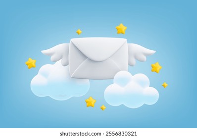 Vector cartoon 3d fast mail concept. Realistic 3d render flying envelope with wings, clouds and stars. New message notification, express email delivery sign. Cute letter for web, email services app.