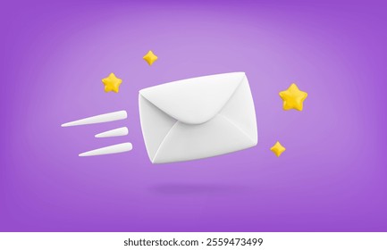 Vector cartoon 3d fast mail concept. Realistic 3d render flying letter with motion lines, stars on violet background. New message, express email delivery sign. Cute envelope for email services app.