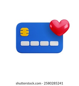 Vector cartoon 3d Favorite credit card icon. Realistic 3d render of blue debit card with red heart symbol. Bonus card, cashback concept for online payment, e-banking app, loyalty program.