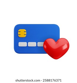 Vector cartoon 3d Favorite credit card icon. Realistic 3d render of blue debit card with red heart. Bonus card, charity symbol, cashback concept for online payment, e-banking app, loyalty program.