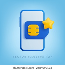 Banner de cartão Sim favorito 3d dos desenhos animados vetoriais. Realista 3d renderização azul celular gsm cartão SIM com sinal de estrela dourada na tela do smartphone. Tecnologia de comunicação, rede gsm eSIM, 4G, conceito 5G.