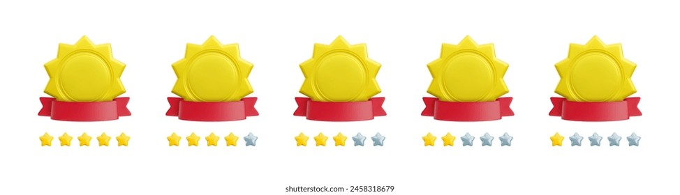 Concepto de calificación de Comentarios 3d de dibujos animados de Vector. Conjunto de iconos de insignia vacíos de oro con clasificaciones de estrellas de 1 a 5 y cinta roja. Iconos del nivel de satisfacción del Cliente para el Web, el juego, el App.