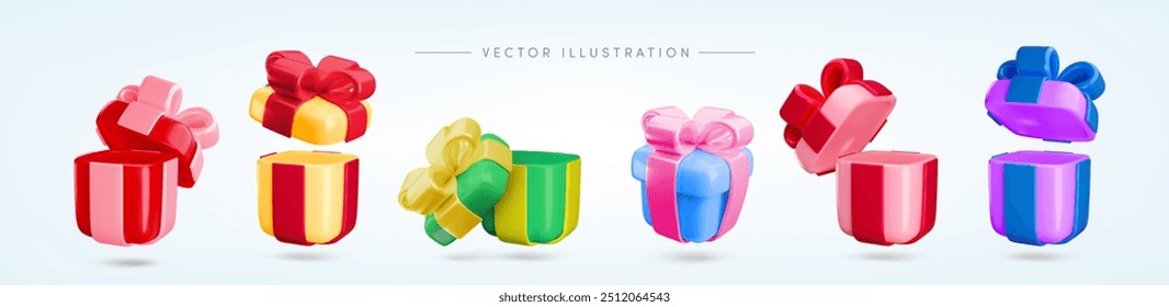 Vector cartoon 3d festive Christmas gift box set. Cute realistic holiday red, green, yellow, pink, blue present with ribbon and bow. 3d render opened and closed surprise illustrations collection.