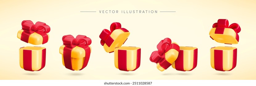Vector cartoon 3d festive gift boxes set. Cute realistic holiday yellow open and closed present with red ribbon and bow. Minimal 3d render surprise box illustration for loyalty app, Christmas sale.
