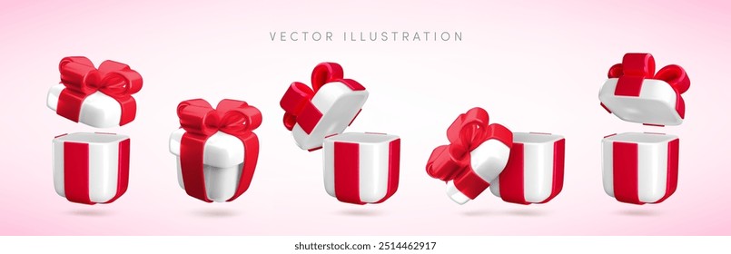 Vector de dibujos animados 3D caja de regalo festivo conjunto. Lindo realista blanco de vacaciones abierto y cercano presente con cinta roja. Ilustración de caja sorpresa de render 3d mínimo para App de lealtad, Día de San Valentín, venta de Navidades