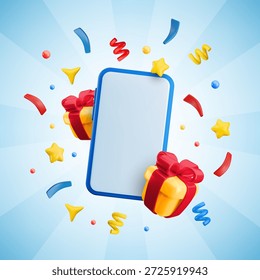 Anuncio de teléfono inteligente de regalo festivo 3D de dibujos animados de Vector. Linda maqueta de teléfono móvil con confeti, estrella, destellos, cajas de regalo sobre fondo azul rayado sunburst. Ganador 3D, concepto de felicitación.