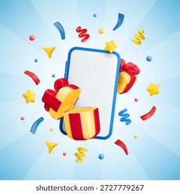 Anuncio de teléfono inteligente de regalo festivo 3D de dibujos animados de Vector. Linda maqueta de App de teléfono móvil con confeti, estrella, destellos y caja de regalo abierta sobre fondo azul rayado. Concepto de felicitación del ganador 3D.