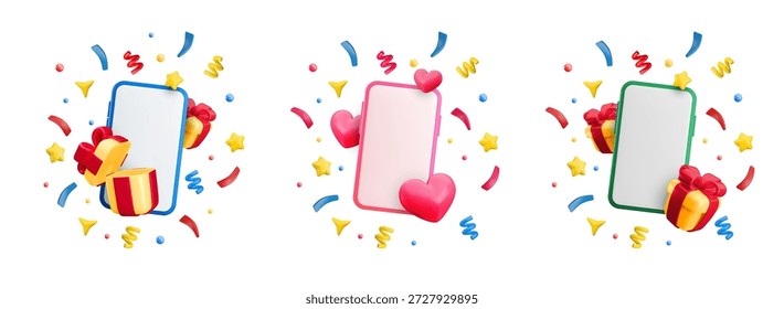 Vector de dibujos animados 3D regalo festivo y amor smartphone conceptos conjunto. Maqueta linda del teléfono móvil con confeti, estrellas, cajas de regalo, corazones sobre fondo blanco. Ganador 3D, colección de diseño de felicitación.