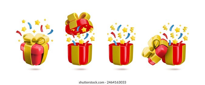 Vector Cartoon 3d festive red gift box set. Cute realistic closed and open present with gold bow, stars and confetti explosion. 3d render prize illustration for winner, birthday, Christmas concept