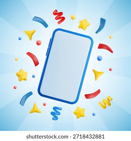 Vector de dibujos animados 3D Anuncio de teléfono inteligente festivo. Maqueta linda del teléfono móvil con confeti, destellos, estrella en el fondo azul rayado del sunburst. Ganador realista de la ilustración de render 3d, concepto de felicitación