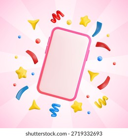 Vector de dibujos animados 3D Anuncio de teléfono inteligente festivo. Linda maqueta de teléfono móvil con confeti, destellos, estrella sobre fondo rosa rayado sunburst. Ganador realista de la ilustración de render 3d, concepto de felicitación