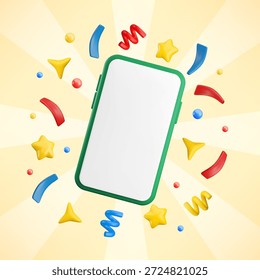 Vector de dibujos animados 3D Anuncio de teléfono inteligente festivo. Linda maqueta de teléfono con confeti, estrella, destellos en el fondo amarillo rayado sunburst. Ganador realista de la ilustración 3d render, concepto de felicitación.