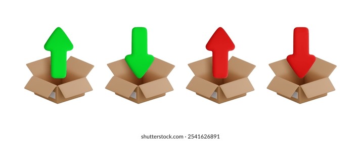 Conjunto de ícones de upload e download de arquivo 3d de desenhos animados vetoriais. Renderização realista de seta para cima vermelha e verde para baixo em caixa de papelão aberta. Processo de carregamento, sinal de serviço de armazenamento de dados online. Descompactar arquivo morto.