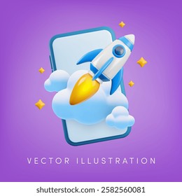 Vector cartoon 3d financial startup or digital marketing strategy banner. Space rocket with flame, clouds on smartphone screen. Project development, online education, launch business illustration