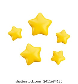 Vector cartoon 3d five gold stars. Realistic 3d render sparkle stars, magic game concept, customer rating symbol on white background. For web, apps, advert, game design, decor.