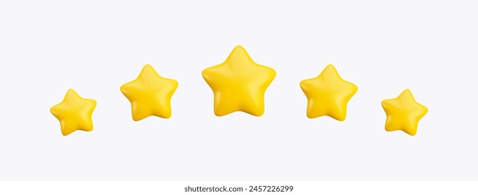 Vector cartoon 3d five gold stars. Realistic 3d render game achievements concept on white background. High quality rating symbol, customer feedback sign. For web, apps, advert, game design.