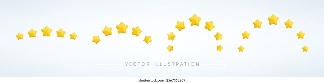 Vector cartoon 3d five and seven gold stars set. Realistic 3d render game achievements concept collection. High quality rating symbol, customer feedback sign. For web, apps, advert, game design.