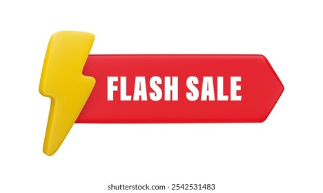 Vector de dibujos animados 3d Flash insignia de venta. Realista 3d render cinta de flecha roja con el texto de la venta del flash y el icono del rayo. Lindo elemento de diseño para el Web, redes sociales, póster, Anuncio promocional, App, concepto de anuncio.