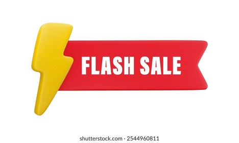 Vector cartoon 3d Flash sale badge. Realistic 3d render red ribbon with text flash sale and lightning icon. Cute design element for web, social media, poster, promo banner, app, ad concept.