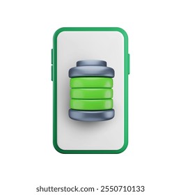 Vector de dibujos animados 3D completo icono de la batería del teléfono inteligente. Lindo rendimiento realista del teléfono móvil de alto nivel de energía del acumulador. Muestra de Estado de carga, carga completa 3d teléfono verde capacidad de la batería para el App, juego.