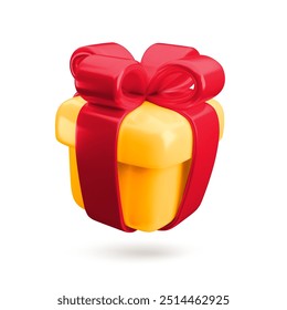 Vector cartoon 3d gift box. Cute realistic holiday yellow present with red ribbon and bow. Minimal 3d render closed surprise box illustration for loyalty banner, Christmas sale, game, app.