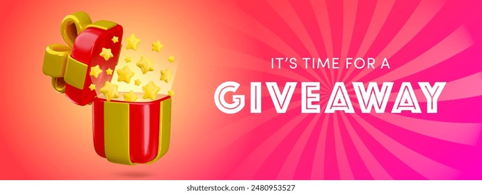 Vector Cartoon 3d giveaway horizontal banner. Festive realistic gift box, confetti explosion on gradient background. Gift offer promotion poster template. It's time for give away social media header.