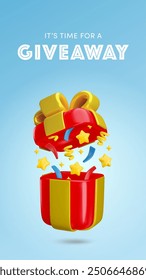 Vector Cartoon 3d giveaway vertical banner with festive realistic open gift box, confetti explosion on blue background. Gift offer promotion poster template. It's time for give away social media post.